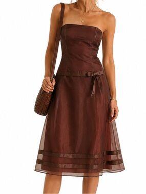 VINTAGE 90s Formal Dress Strapless A-Line Brown Satin with Bow | Made in USA